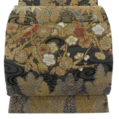 【美品】 袋帯 名品 松竹梅 流水 金銀糸 箔 灰緑 六通 正絹 【中古】