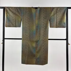 【美品】 道行 身丈117cm 裄丈64cm M 和装コート 角衿 草花 麻の葉 刺繍 茶緑色 正絹 名品 【中古】