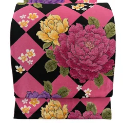 【美品】 袋帯 秀品 牡丹 桜 金糸 箔 ピンク 六通 正絹 【中古】