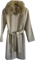 NATURAL BEAUTY BASICナチュラルビューティーベーシック　ファー付きロングコート　アウター　ベージュ　アンゴラ混　レディース　Mサイズ【ZK91】