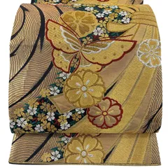 【美品】 袋帯 秀品 蝶 束熨斗 金糸 唐織 黒 六通 正絹 【中古】