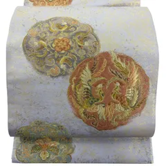 袋帯 秀品 向かい鳥 華文 金銀糸 箔 灰紫 六通 正絹 【中古】