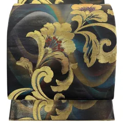 【美品】 袋帯 秀品 西陣 一休 花唐草 箔 金糸 黒 六通 正絹 【中古】