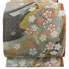 袋帯 秀品 振袖向き 扇面 桜 唐織 箔 金色 六通 正絹 【中古】