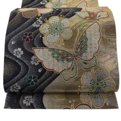 【美品】 袋帯 秀品 振袖向き 蝶 梅 金糸 箔 金色 六通 正絹 【中古】