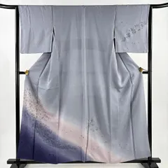 訪問着 身丈158cm 裄丈64cm M 袷 花 流水 刺繍 金糸 灰紫 正絹 秀品 【中古】