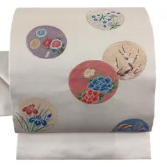 【美品】 名古屋帯 秀品 手鞠 草花 銀通し 金銀糸 灰白 正絹 【中古】