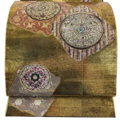 袋帯 秀品 鏡裏文 花喰い鳥 箔 螺鈿 金茶 お太鼓柄 正絹 【中古】