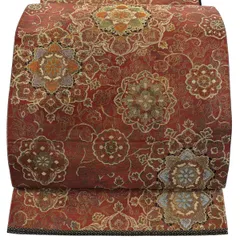 袋帯 秀品 服部織物 落款 関西仕立て こはく錦 二重箔織手工芸 華文 草花 金糸 箔 赤茶 六通 正絹 【中古】