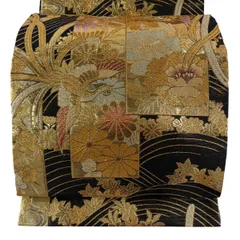 【美品】 袋帯 秀品 牡丹 尾長鳥 箔 金糸 黒 六通 正絹 【中古】