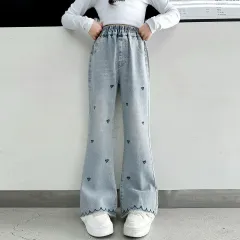 ハート 刺繍 ワイド デニム パンツ 160