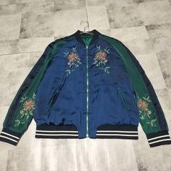 ZARA ザラ 沖縄 刺繍 花柄 リバーシブル スカジャン Мサイズ ネイビー