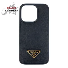 美品 PRADA プラダ サフィアーノ 三角ロゴプレート ブラック 黒 ゴールド金具 レザー iPhoneケース iPhone15Proケース メンズ 600098【中古】