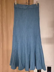 青 ニット プリーツ ロング スカート