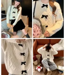 アイボリー 白 ケーブル編み ニット ツアーベルベット リー リボン カーディガン ケーブル オーバーサイズ