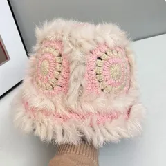 ハット　ファー付き　ボア もこもこ素材　クロシェ風　かぎ編み風　かわいい