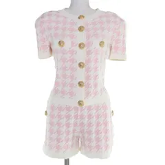 極美品☆BALMAIN バルマン KL021KC10/PA079KC10 ハウンドトゥースプリント ニット トップス ショートパンツ セットアップ ピンク 36 フランス製 レディース
