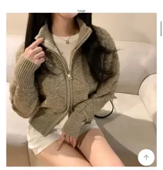 フリース ケーブル編み ニット ジップアップ カーディガン *アイボリー