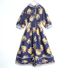 【美品】ピンクハウス★可愛いツインくま柄pt♪フード付きワンピース 前開き チェックフリル リボン 紺系 z17331