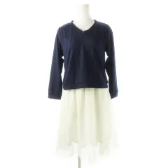 レトロガール RETRO GIRL ワンピース ドッキング ひざ丈 Vネック 長袖 フェイクセパレート カットソー チュール M 紺 ネイビー /CK2