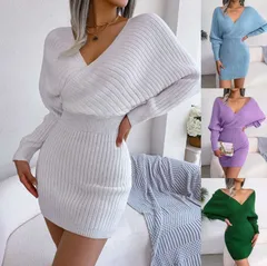 ニットワンピース リブニットワンピ即購入OK 　姫系 タイトワンピース 秋 タイトワンピース ドルマンスリーブ ストレッチ　Vネック 伸