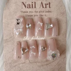 ネイルチップ　現品　フレンチガーリー　ちゅるん　ニュアンス　バレエコア　ワンホン　韓国　メンカラ　推しネイル　y2k  夢かわ　ツイード　バレエコア　テディベア　くま　クマ　ピンク　姫かわ