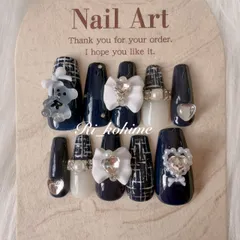 ネイルチップ　現品　フレンチガーリー　ちゅるん　ニュアンス　バレエコア　ワンホン　韓国　メンカラ　推しネイル　y2k  夢かわ　ツイード　バレエコア　テディベア　くま　クマ　ネイビー　紺　メンカラ　推し　姫かわ