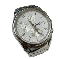 電池交換済】D&G 腕時計 クロノグラフ デイト ホワイトレザー メンズ