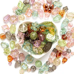 Harovo ビーズ アンティーク ミックス 50g入り デコビーズ パーツ 透かしビーズ アクリルビーズ アクセサリー レトロ 手芸 ブレスレット ハンドメイド 材料 初心者向け ゴム紐付き（クリアミックス）