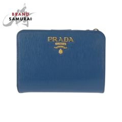 PRADA プラダ　折り財布　ラウンドファスナー　ブルー　ゴールドロゴ シボ革 美品 PRADA プラダ ブルー ゴールド金具 レザー 折財布 コンパクト