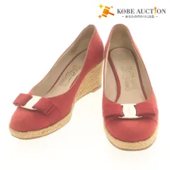 ■ Salvatore Ferragamo フェラガモ パンプス 靴 DP80405 ヴァラリボン キャンバス レディース 7 (23.5～24相当) レッド系 ベージュ系