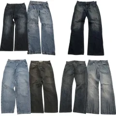 古着卸 まとめ売り 縦落ち デニム パンツ 7枚セット (メンズ 34 /35 ) ヒゲ インディゴブルー 裾ファスナー 中古 古着 ND3309