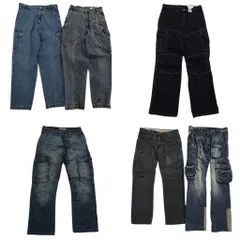 古着卸 まとめ売り デニム カーゴ パンツ 6枚セット (メンズ 34 /33 ) ブラック インディゴブルー ワーク 中古 古着 ND3377