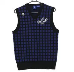【超美品】デサントゴルフ ニットベスト 黒×ブルー 格子柄 ロゴ刺しゅう Vネック 中田英寿 メンズ M ゴルフウェア DESCENTE