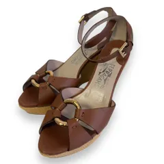 美品 Salvatore Ferragamo サルヴァトーレフェラガモ レザー オープントゥ ウェッジソール サンダル 6 1/2B 23.5cm相当 ブラウン レディース 古着 中古 USED