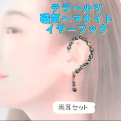 ［両耳セット］テラヘルツと磁気ヘマタイトのイヤーフック イヤーカフ★テラヘルツのチャーム付き★316ステンレス アレルギー対応☆メガネと一緒に使えます☆18kgp