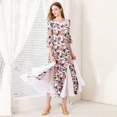 【新品未使用】満開の花 其二 プリント モダンダンスドレス ワンピース 社交ダンス 社交ダンス ダンスウェア