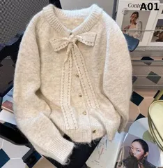 デザイン性のある レース紐付き ニットカーディガン 秋冬新作 ルーズシルエット 厚手でやわらかい ニットアウター