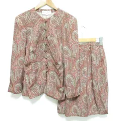 美品 90’S HANAE MORI ハナエモリ ヴィンテージ ペイズリー柄 シルク100％ ノーカラージャケット＋スカート サイズ9A3 レッド系 レディース 古着 中古 USED