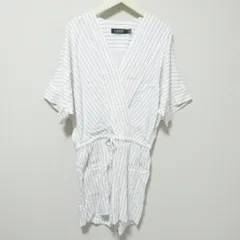 美品 RALPH LAUREN ローレンラルフローレン ストライプ柄 カシュクール オールインワン ショートサロペット 2 ホワイト×ブルー レディース 古着 中古 USED