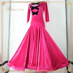 社交ダンス 衣装 スタンダード ドレス ワンピース レッスンウェア パーティドレス ピンク系 YILINFEIER 黒 ブラック系 長袖 ベロア 派手 ビビッドピンク 光沢 スタイリッシュ かわいい フェミニン 体型カバー セクシー 講習会 舞台衣装