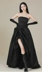 ウェディング撮影用ブラック チューブトップ フラワー ロング ドレス