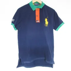 美品 POLO by RALPH LAUREN ポロラルフローレン CUSTOM FIT 配色 ビッグポニー 半袖 ポロシャツ カットソー M ネイビー メンズ 古着 中古 USED