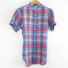 美品 Polo Ralph Lauren ポロラルフローレン チェック柄 半袖 バンドカラー フリル リネンシャツ 6 マルチカラー レディース 古着 中古 USED
