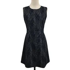 ジルスチュアート JILL STUART ワンピース フレア ひざ丈 レース ウール 総柄 ノースリーブ 4 紺 ネイビー