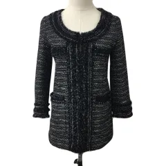 ジルスチュアート JILL STUART ジャケット ツイード ノーカラー ラメ ウール 長袖 S 黒 白 ブラック ホワイト