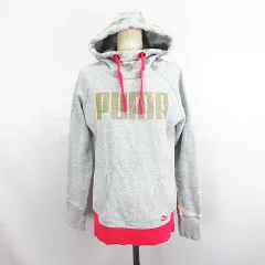 プーマ PUMA パーカー トップス 長袖 プルオーバー 部分ドット ロゴ 裏起毛 L グレー×ピンク ※EKM
