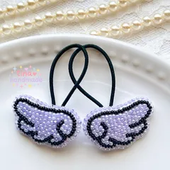 【キッズヘアゴム】キラキラ天使のはねのビーズ刺繍ヘアゴム 2つセット｜ブラック×パープル｜お出かけ、プレゼントにも