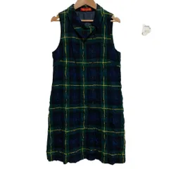 美品 YORKLAND ヨークランド チェック柄 シワ加工 ノースリーブ ひざ丈 ワンピース 9AR グリーン×ネイビー レディース 古着 中古 USED