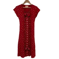 美品 PINK HOUSE ピンクハウス フラワープリント ピコフリル リボン フレンチスリーブ ワンピース レッド レディース 古着 中古 USED